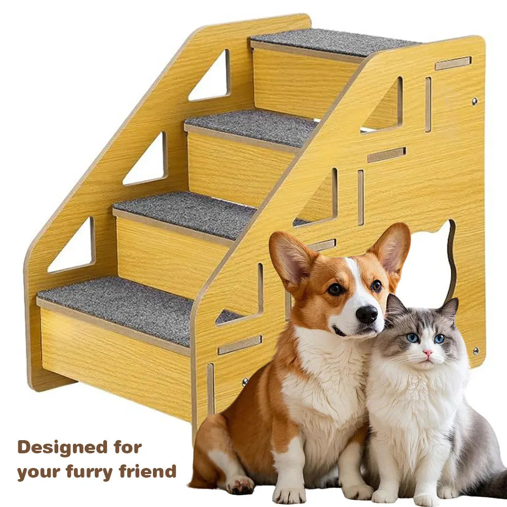 4-Step Wooden Pet Stairs Nonslip Carpeted Indoor Pet Steps Dog Stairs Ramp Pet Furniture for Dogs and Cats for Bed