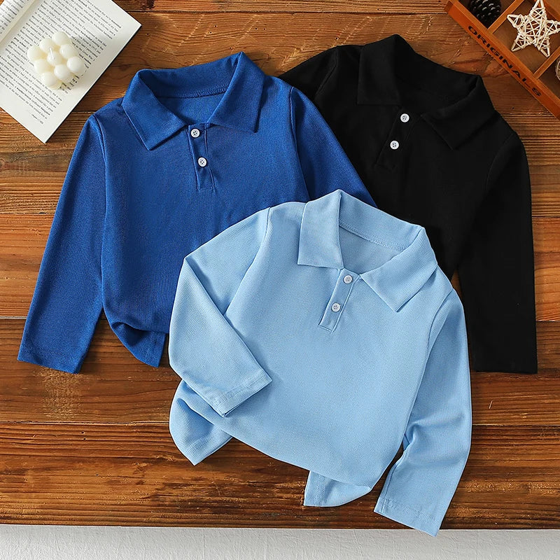 1/2/3 Pcs Autumn And Winter Children's Solid Color Simple Long Sleeved Polo Shirt Boys Handsome Top Girls Sweet And Cute Lapel T