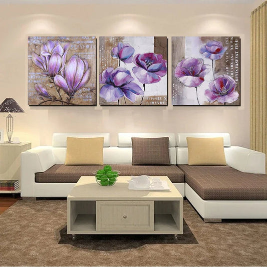 3 Panel Purple Flowers Posters Wall Art Canvas Pictures Home Decor Modern Paintings Accessories Living Room Bedroom Decoration