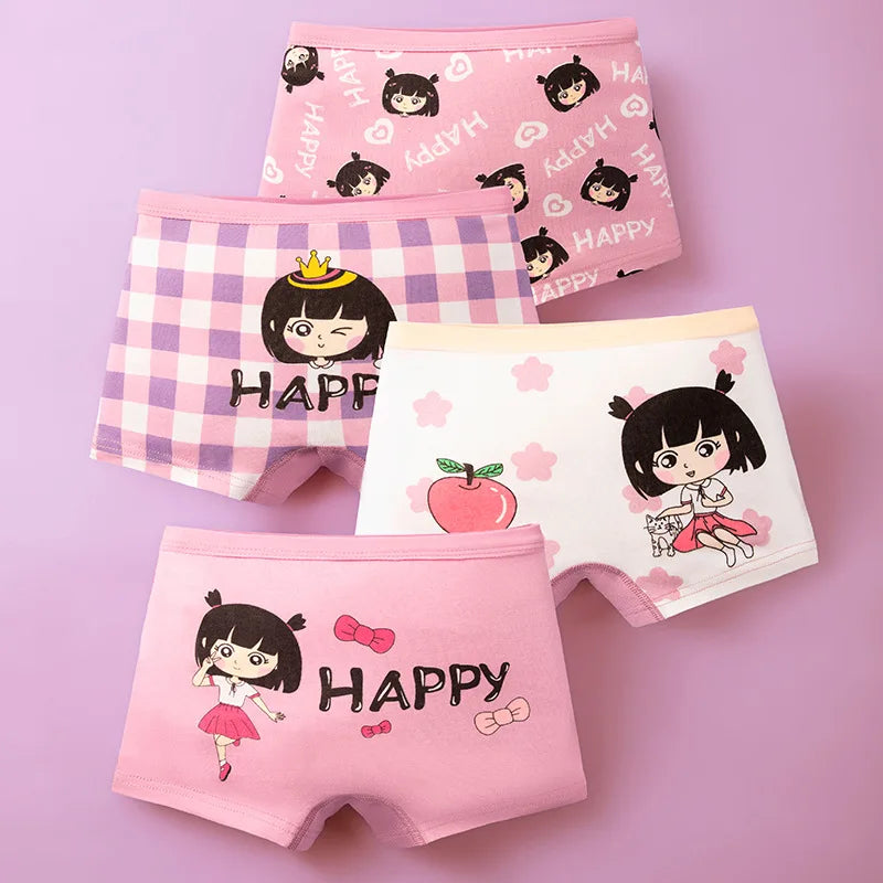 4Pcs/lot Kids Panties Chirdrens Underwear Lovely Girls Cartoon Print Briefs Floral Grid Cute Pants Baby Cotton Underpants 2-14Y