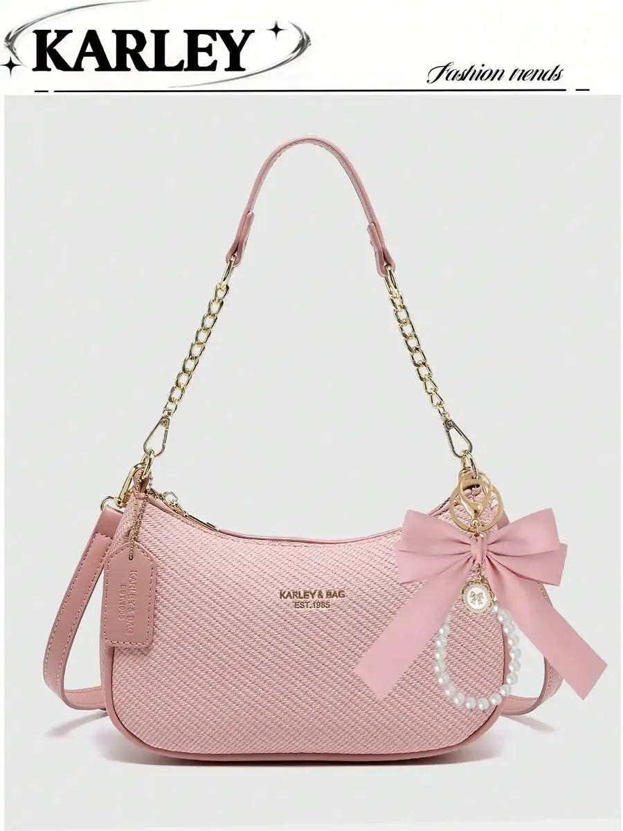 2025 New Fashion Crescent PU Leather Shoulder Bag with Cherry Charm, Crossbody or Underarm Wear