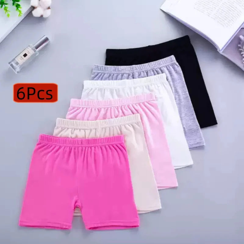 6Pcs Summer Solid Color Kids Leggings Girls Safety Shorts Leggings Girls' Beach Shorts Are Suitable for Children Aged 2-12 Years