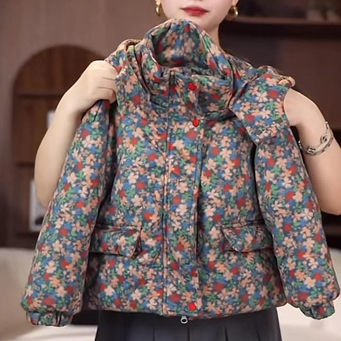 Korean Winter Children Girls Parka Cotton Plus Velvet Floral Print Kids Girls Coats Windproof Thick Little Girl Hooded Outerwear