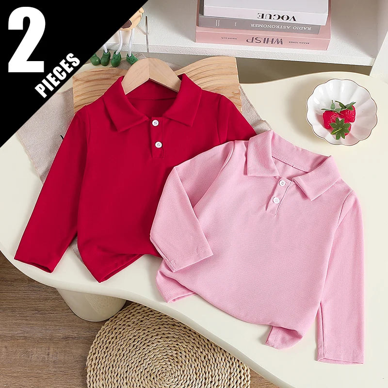 1/2/3 Pcs Autumn And Winter Children's Solid Color Simple Long Sleeved Polo Shirt Boys Handsome Top Girls Sweet And Cute Lapel T