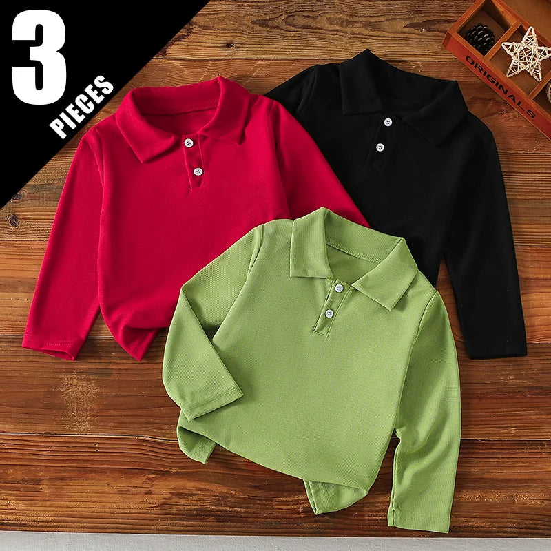 1/2/3 Pcs Autumn And Winter Children's Solid Color Simple Long Sleeved Polo Shirt Boys Handsome Top Girls Sweet And Cute Lapel T