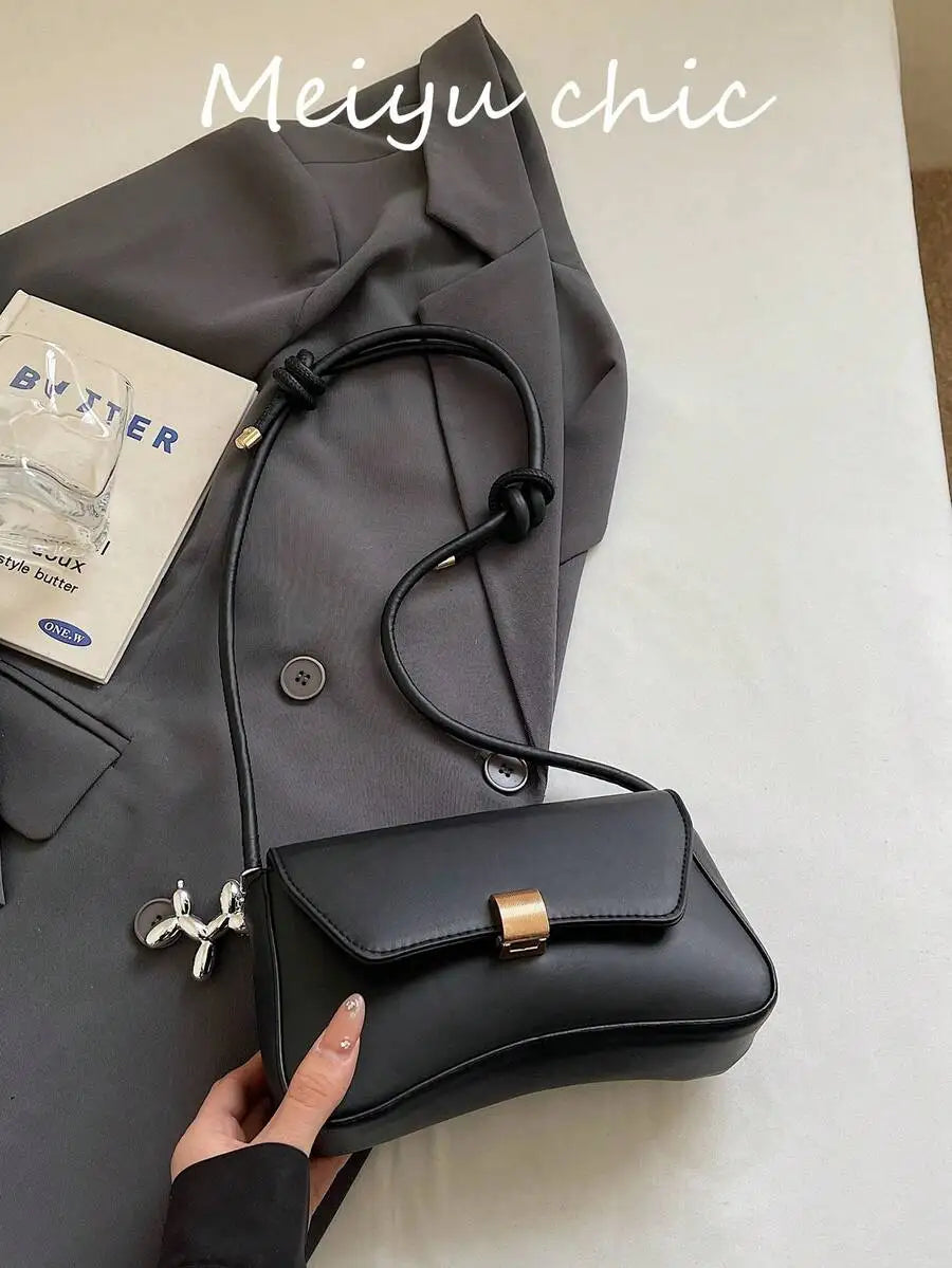 Minimalist Black PU Crossbody Bag with Gold Buckle and Knotted Strap