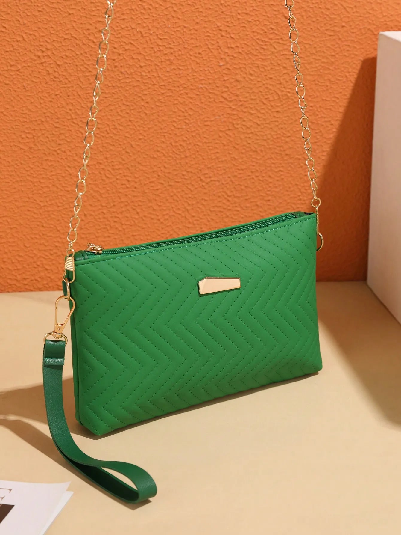 Green Quilted Chevron Mini Crossbody Bag with Gold Chain Strap
