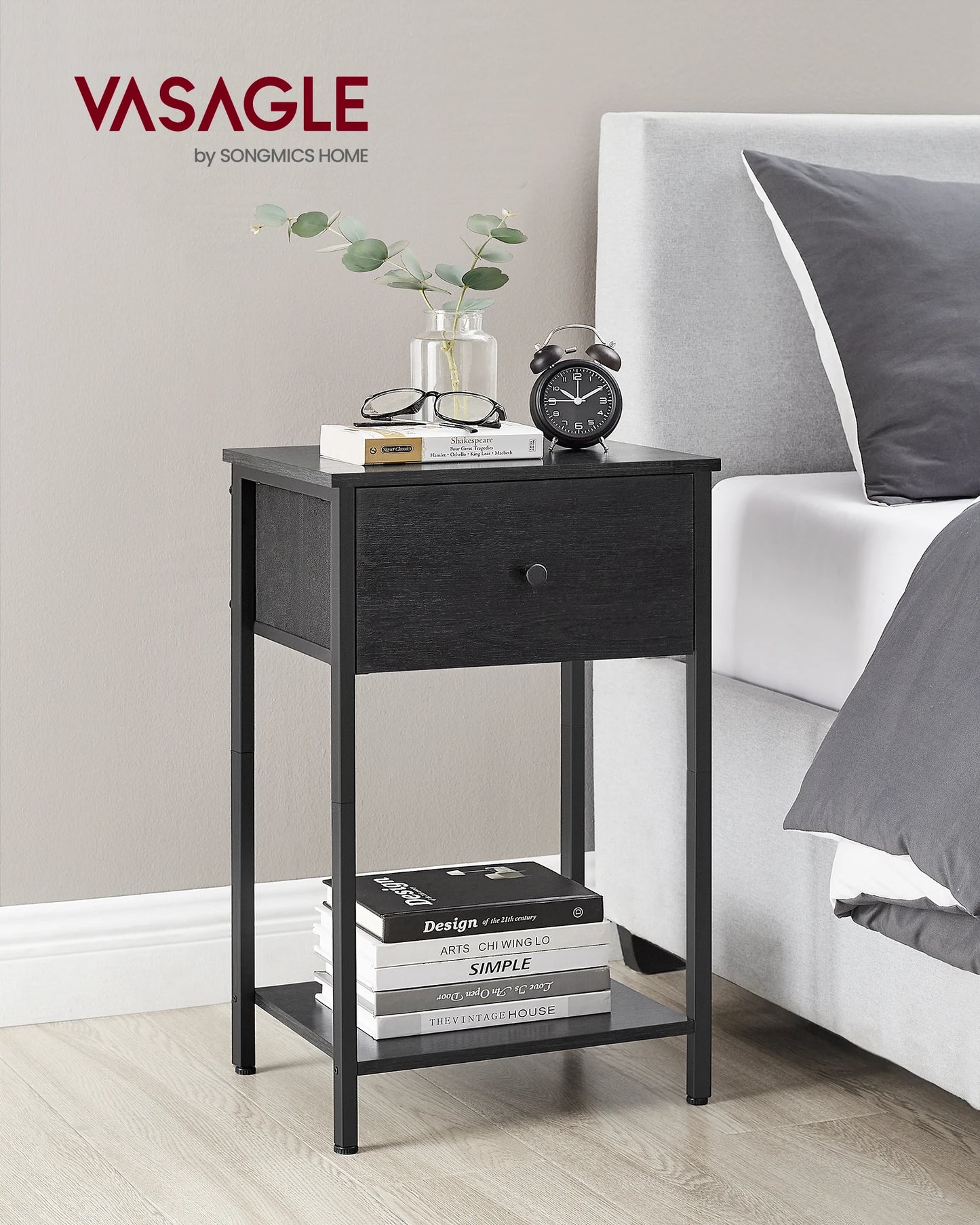 VASAGLE Nightstand, Side Table with Fabric Drawer, 24-Inch Tall End Table with Storage Shelf