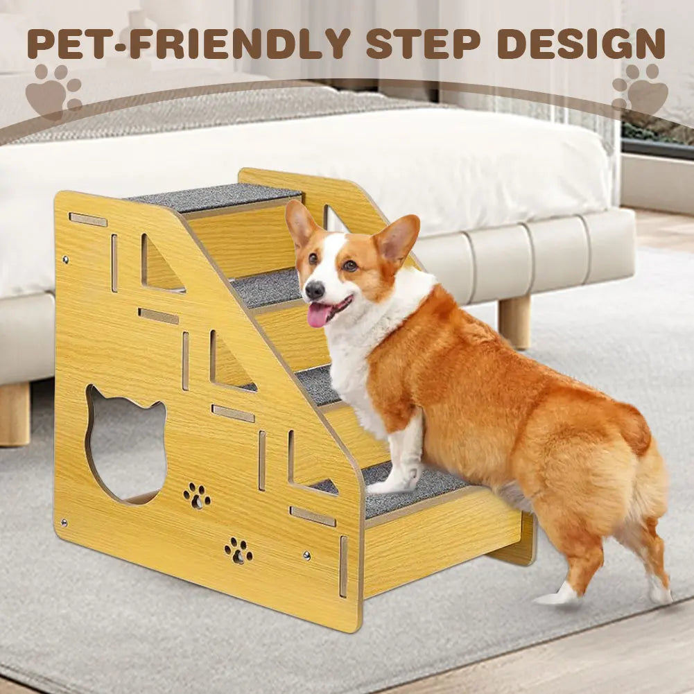 4-Step Wooden Pet Stairs Nonslip Carpeted Indoor Pet Steps Dog Stairs Ramp Pet Furniture for Dogs and Cats for Bed