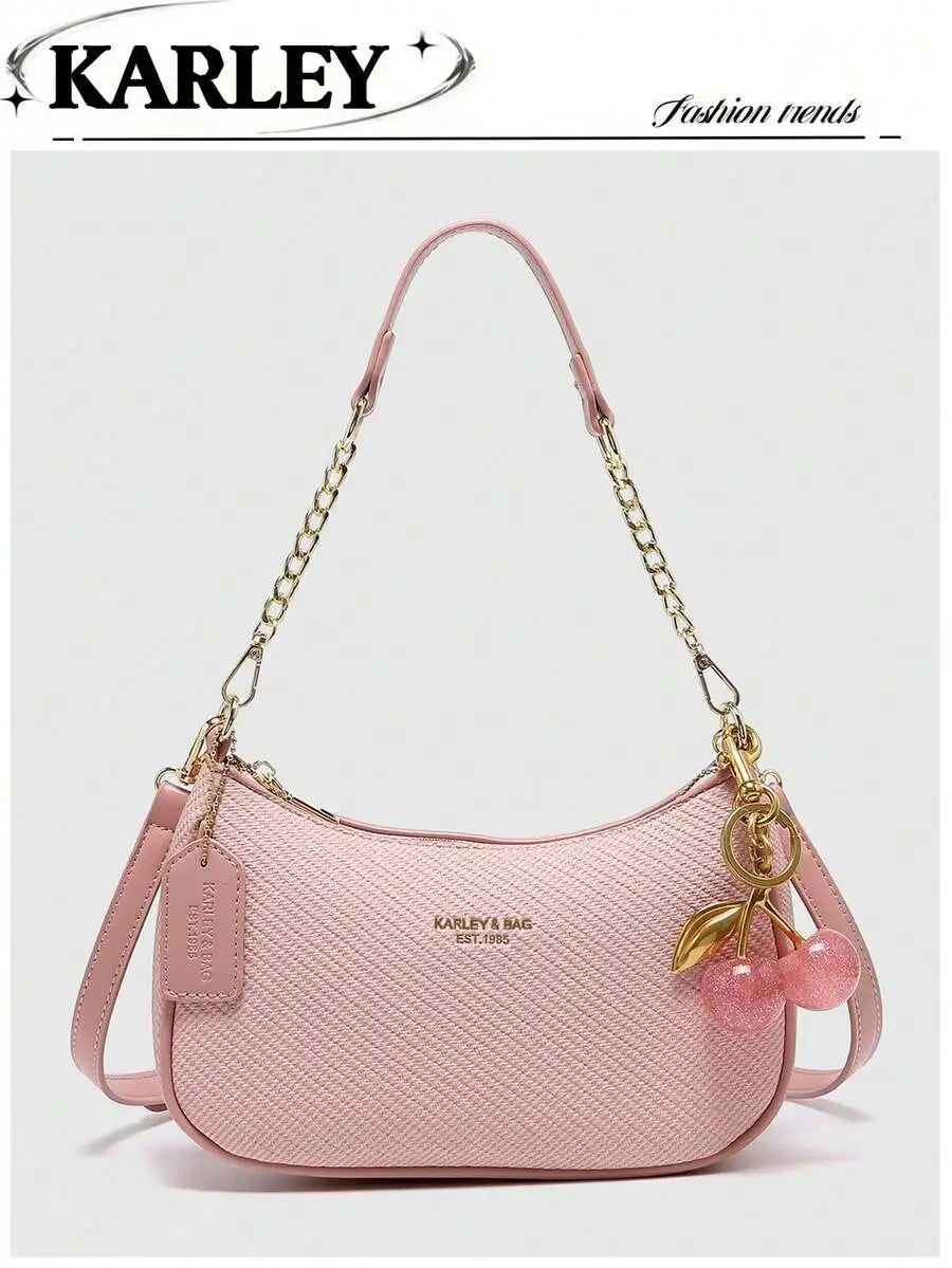 2025 New Fashion Crescent PU Leather Shoulder Bag with Cherry Charm, Crossbody or Underarm Wear