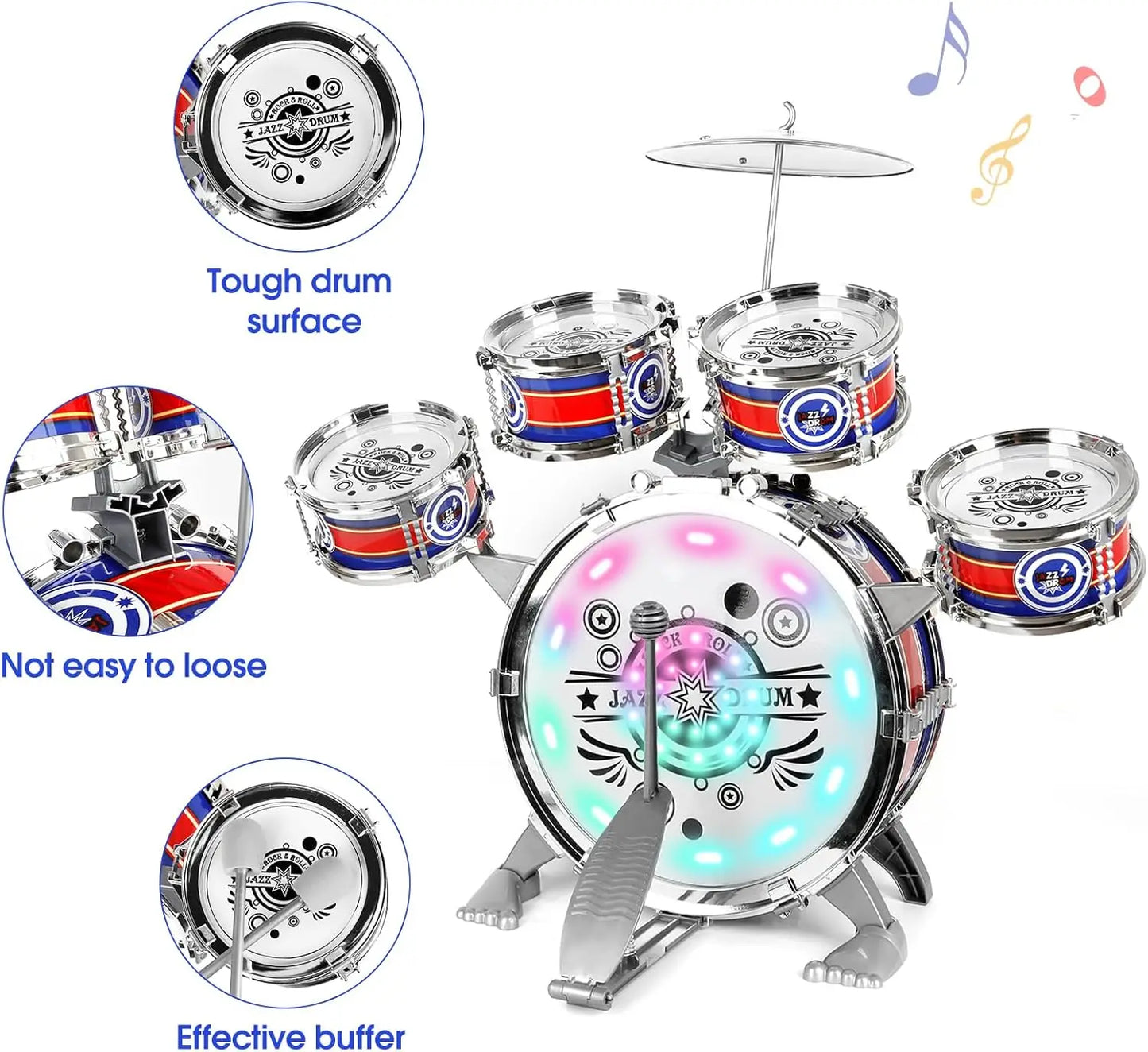 Mini Jazz Drum Set 6 Drums with Stool Musical Instruments Toy Birthday Gift for Beginners Boys Girls (with LED Light)