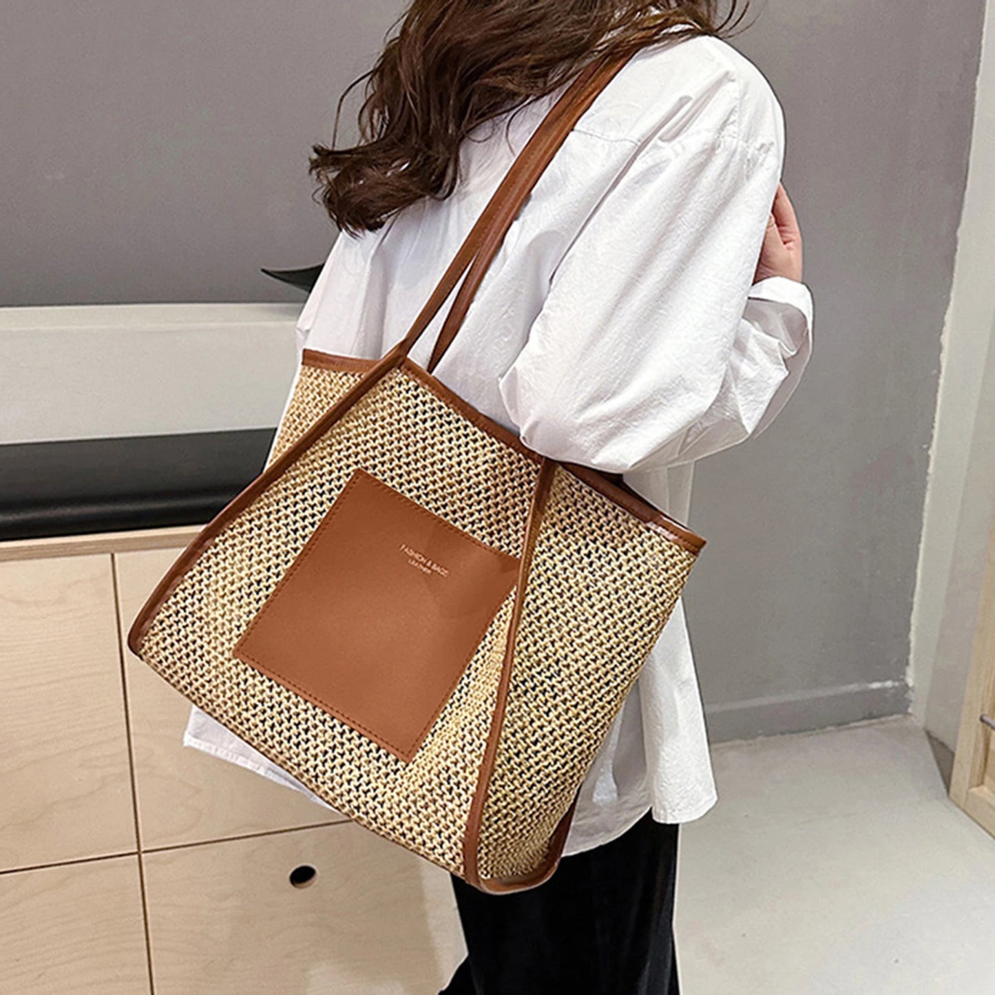 Women s Boho Style Straw Tote Bag with Patchwork Design and Spacious Interior Perfect for Beach or Everyday Use
