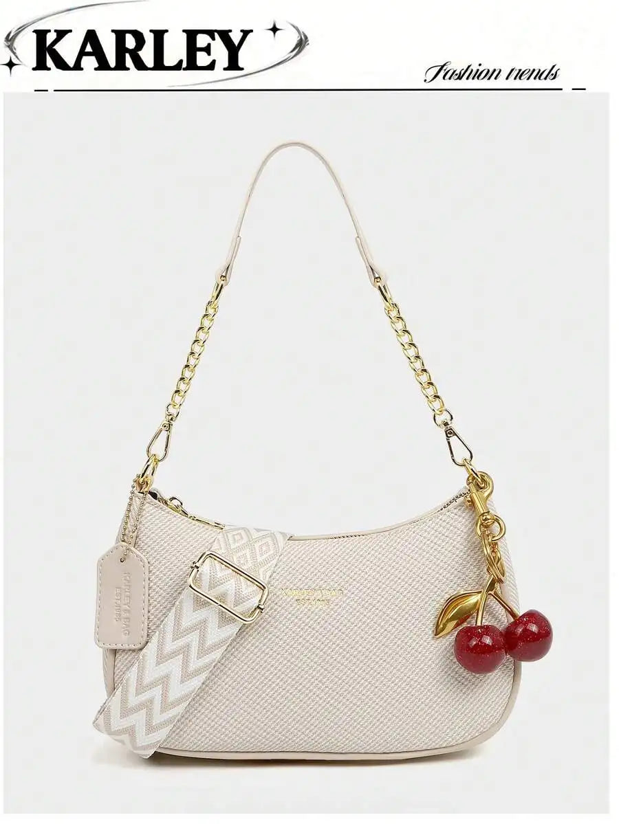 2025 New Fashion Crescent PU Leather Shoulder Bag with Cherry Charm, Crossbody or Underarm Wear