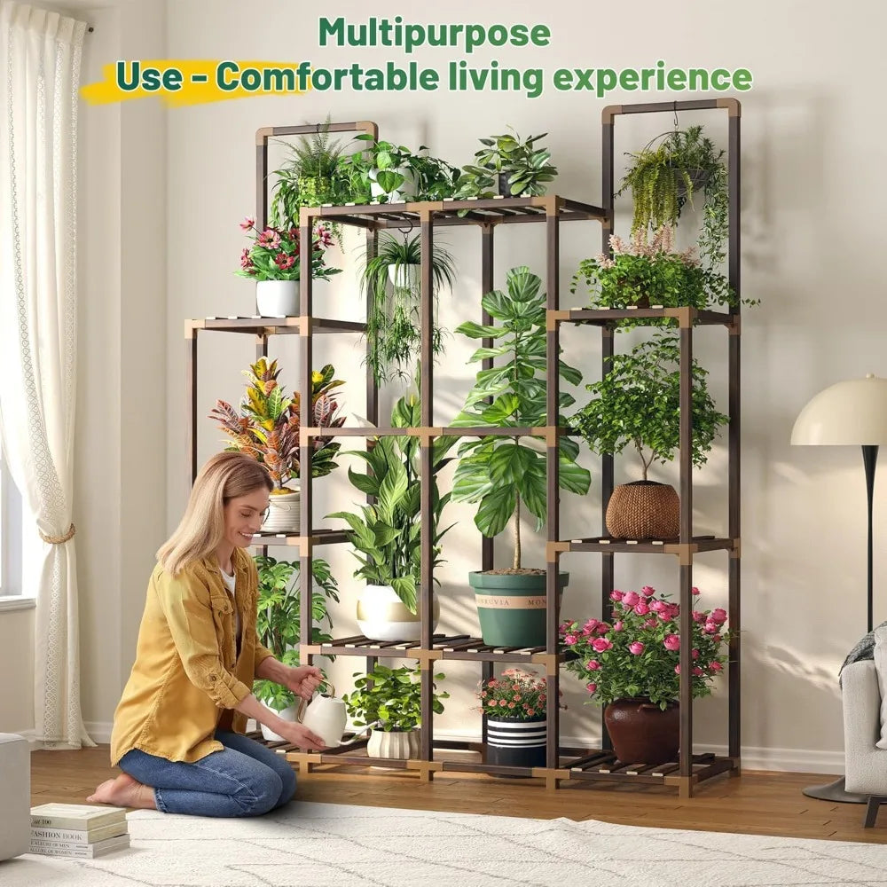 enhomee plant stand indoor tall plant stand outdoor large wood plant shelf indoor for 14 pots plants,4-tier