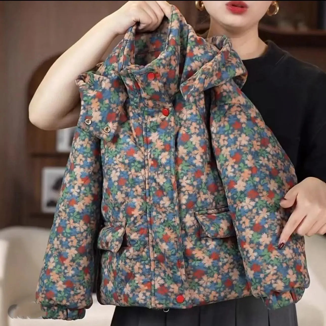 Korean Winter Children Girls Parka Cotton Plus Velvet Floral Print Kids Girls Coats Windproof Thick Little Girl Hooded Outerwear