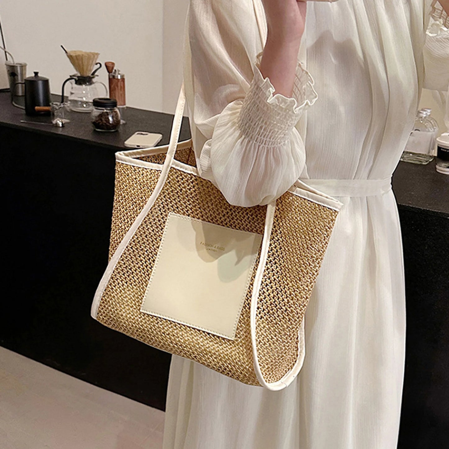 Women s Boho Style Straw Tote Bag with Patchwork Design and Spacious Interior Perfect for Beach or Everyday Use