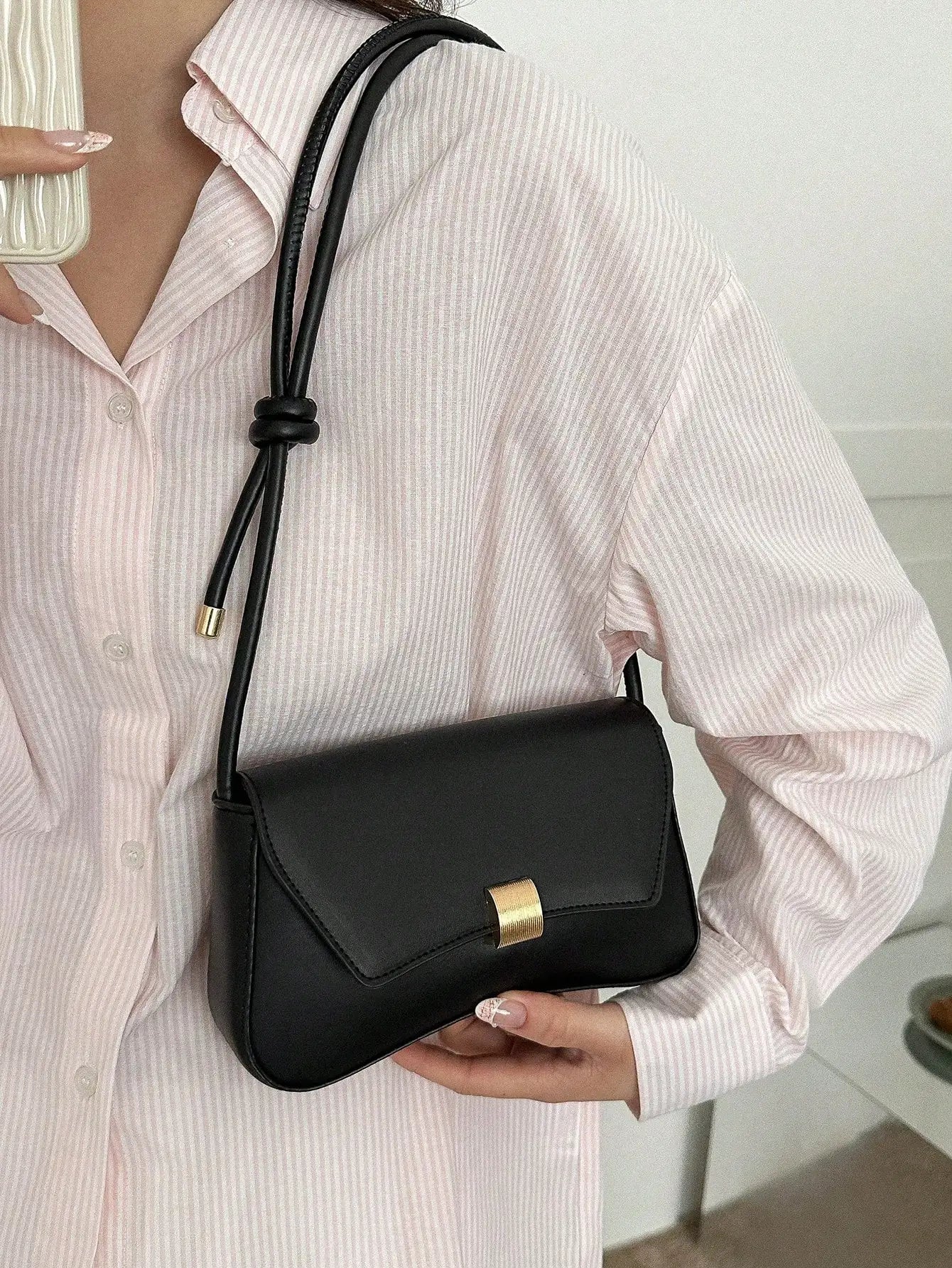 Minimalist Black PU Crossbody Bag with Gold Buckle and Knotted Strap
