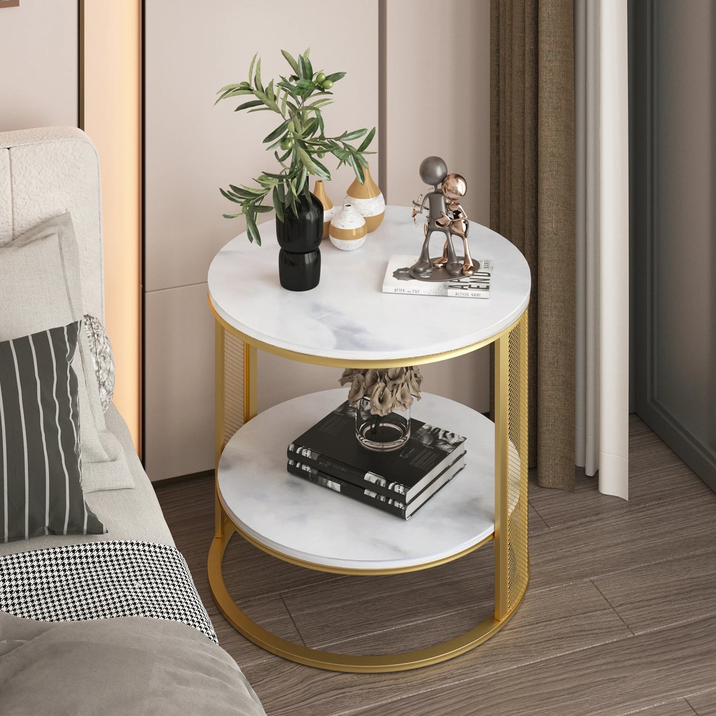 2 Tier Marble Effect Coffee Table Large Sofa Side End Table Golden Metal Frame