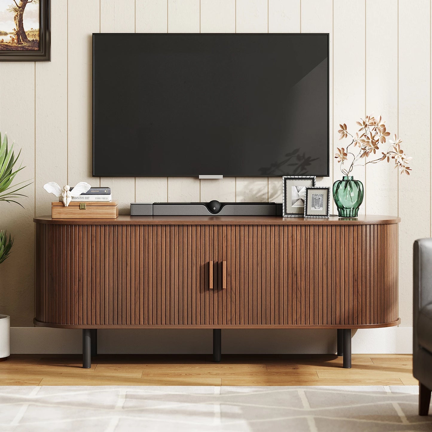 TV Stand Living Room Furniture with Power Outlet for TVs up to 60/70",TV Table with Sliding Doors Storage Adjustable Shelves