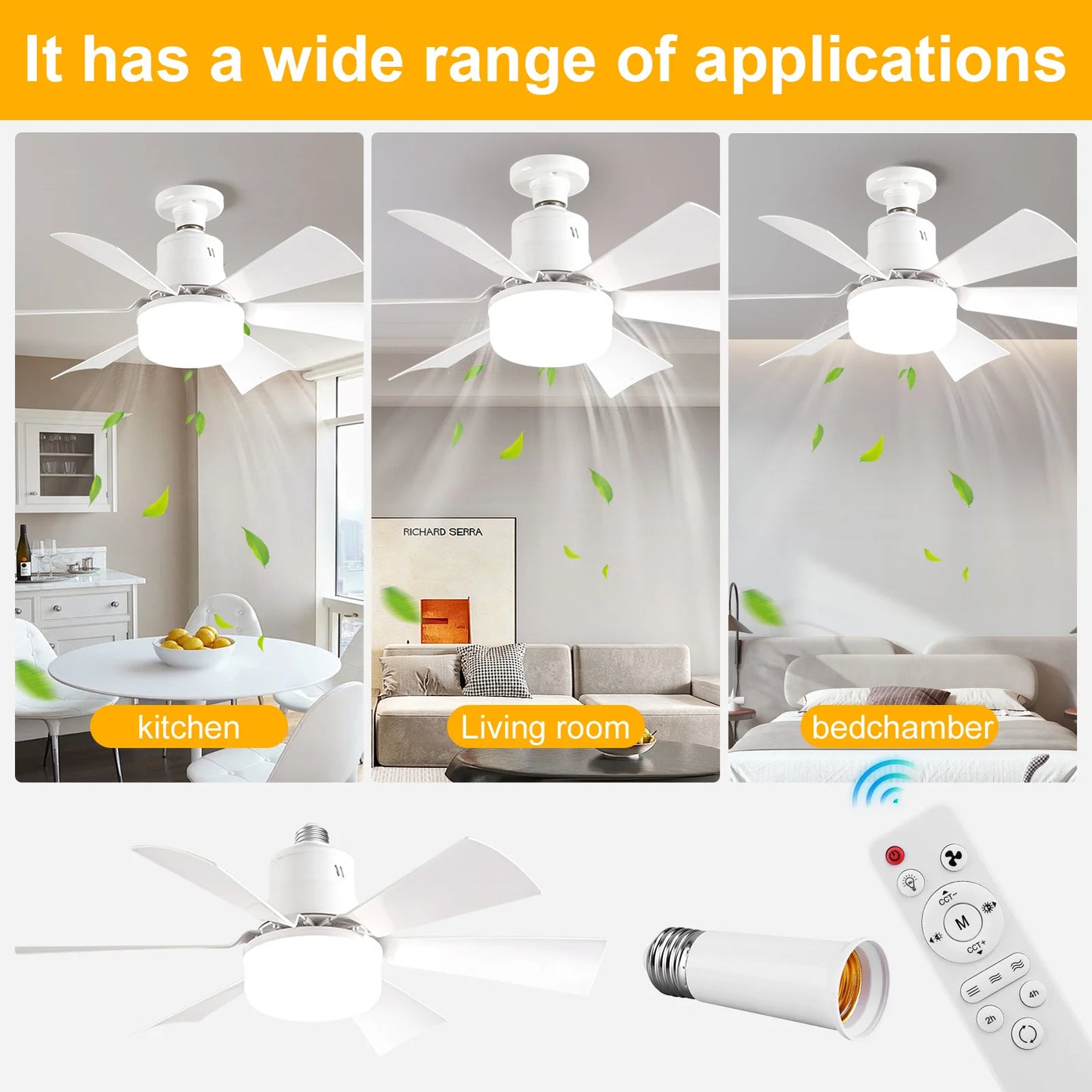 Socket Fan Light with Remote Ceiling Fan with Light Adjustable Wind Speed Timing Wireless Fan RGB Light for Living Room Bedroom