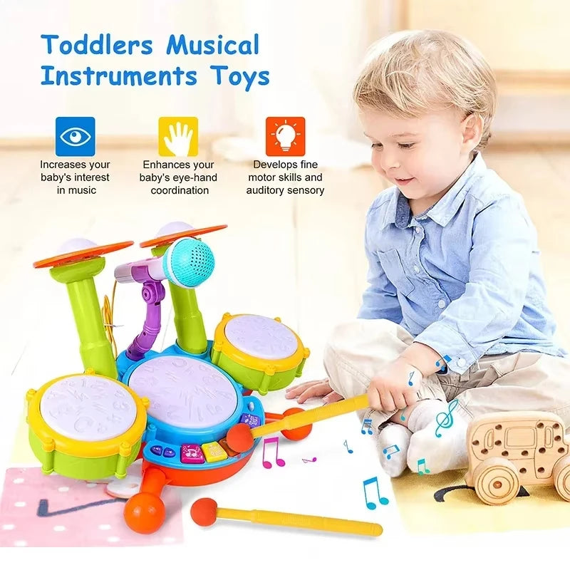 Hot selling Creative children jazz drums electric light cool music drum kit percussion instrument baby early education toys gift