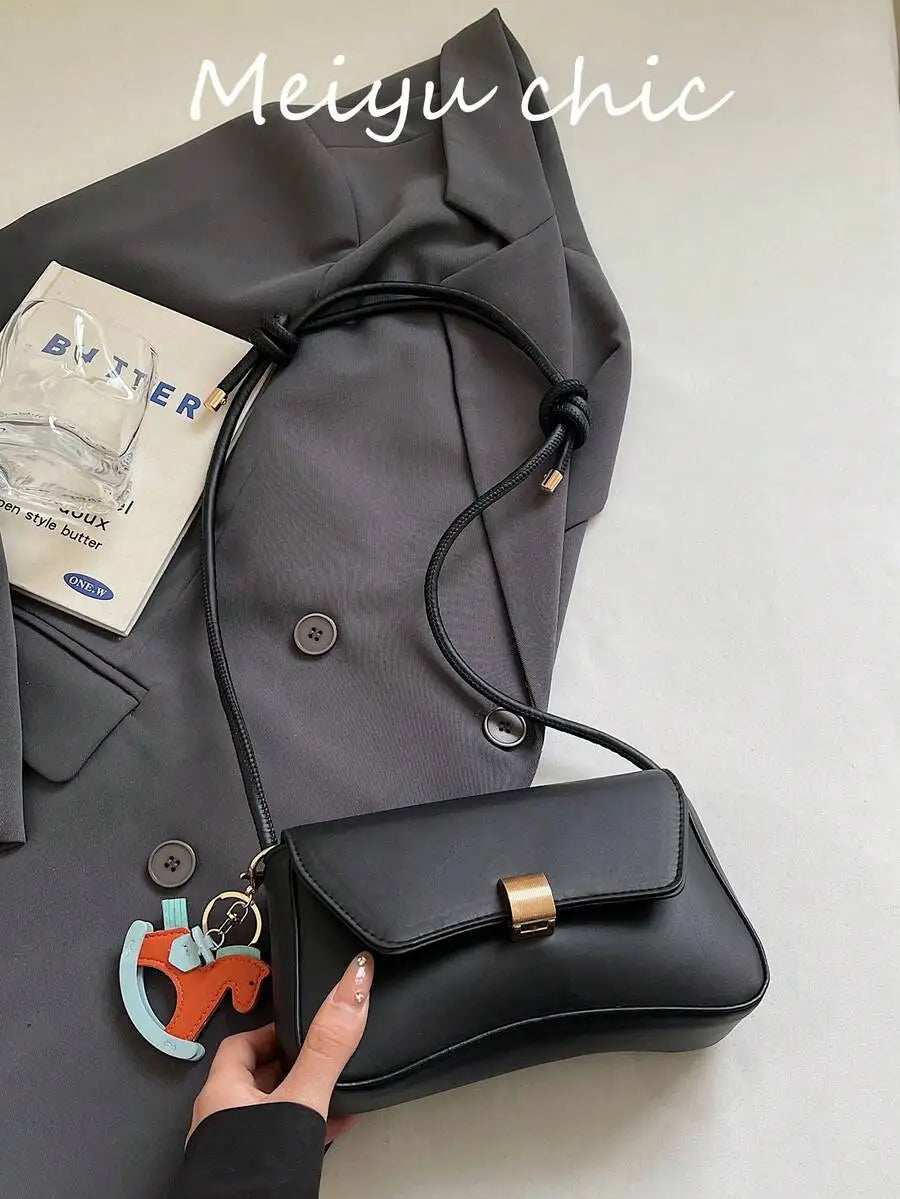 Minimalist Black PU Crossbody Bag with Gold Buckle and Knotted Strap