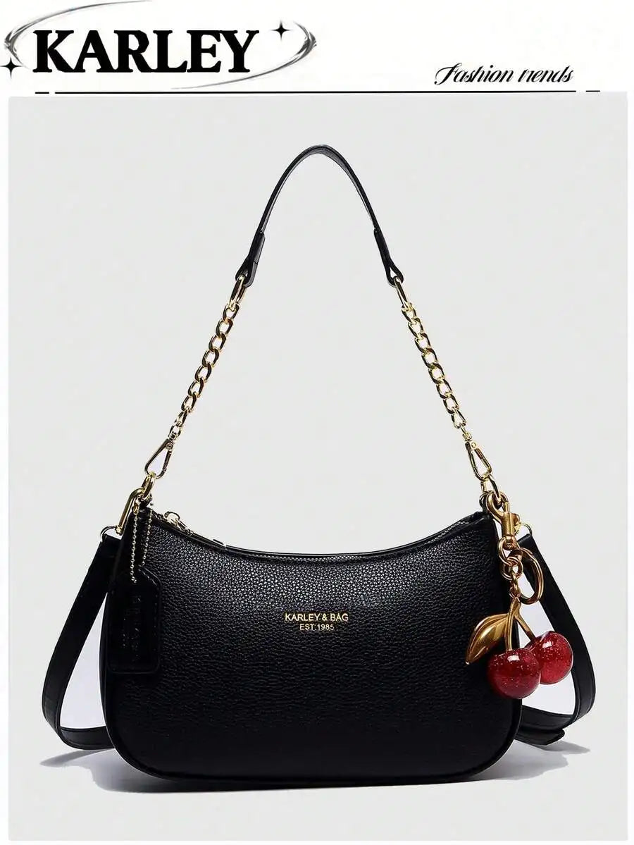 2025 New Fashion Crescent PU Leather Shoulder Bag with Cherry Charm, Crossbody or Underarm Wear