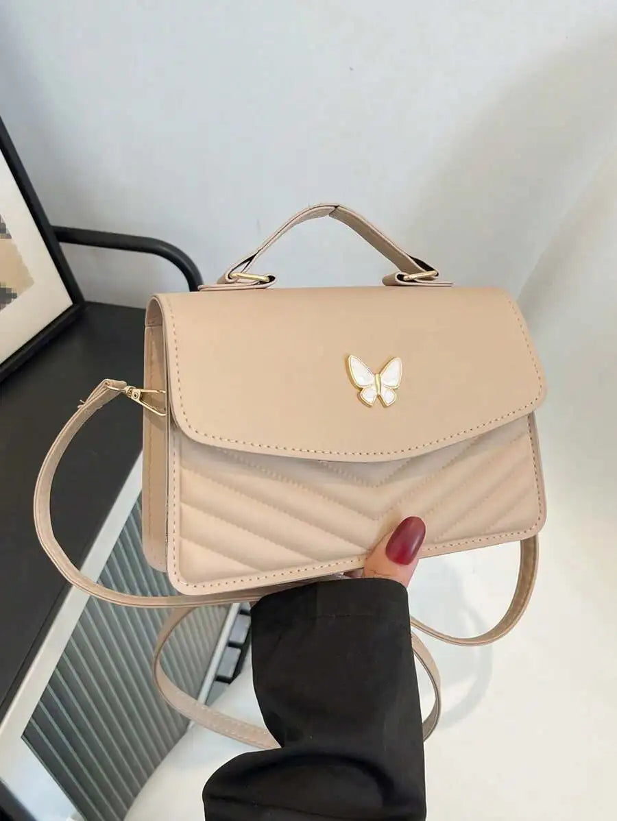 White PU Leather Quilted Flap Crossbody Bag with Butterfly Charm