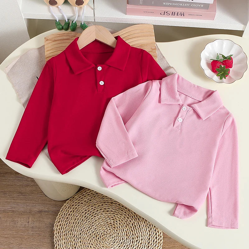 1/2/3 Pcs Autumn And Winter Children's Solid Color Simple Long Sleeved Polo Shirt Boys Handsome Top Girls Sweet And Cute Lapel T