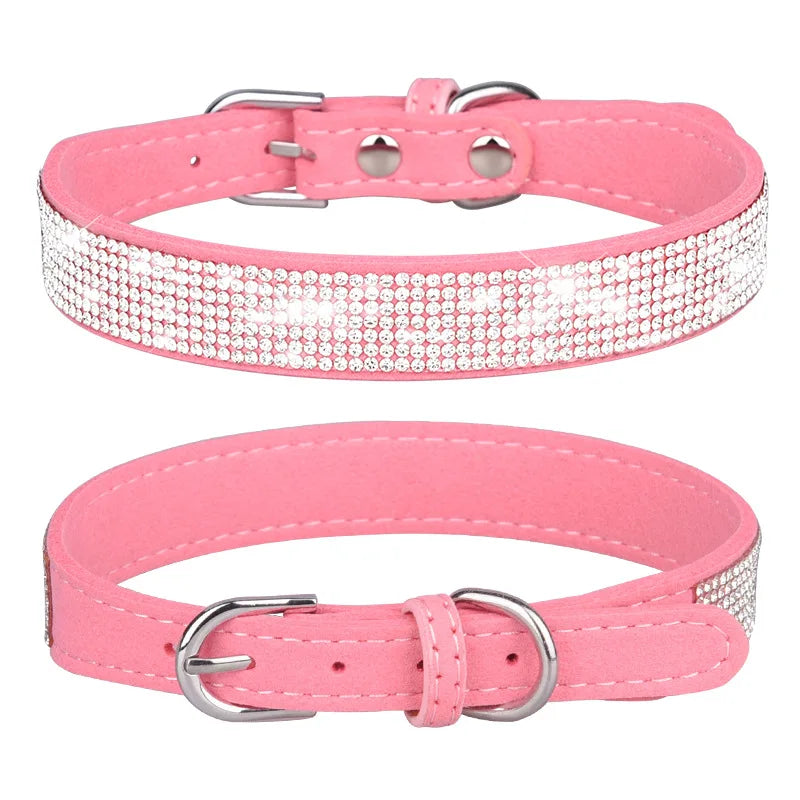 Adjustable collar shiny rhinestone dog collar small and medium-sized dog chain dog walking rope microfiber cat collar