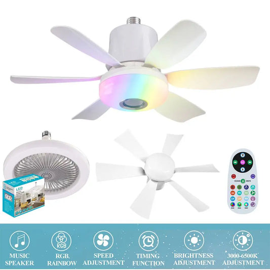 Socket Fan Light with Remote Ceiling Fan with Light Adjustable Wind Speed Timing Wireless Fan RGB Light for Living Room Bedroom