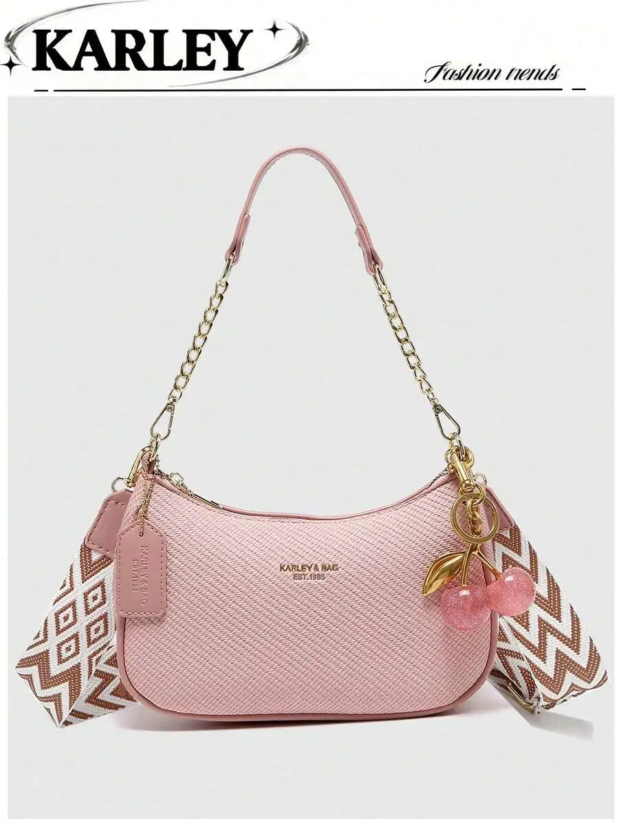 2025 New Fashion Crescent PU Leather Shoulder Bag with Cherry Charm, Crossbody or Underarm Wear
