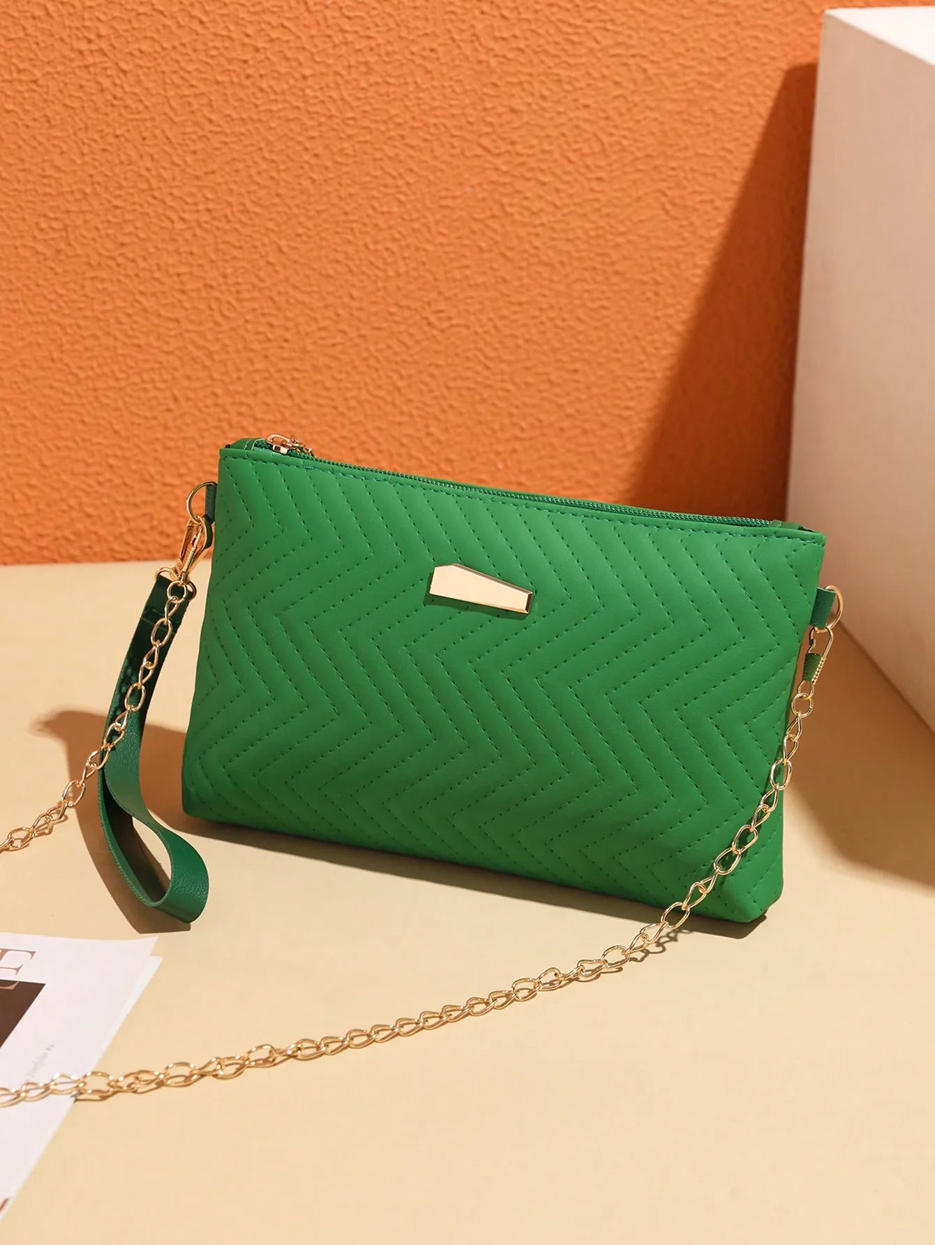 Green Quilted Chevron Mini Crossbody Bag with Gold Chain Strap