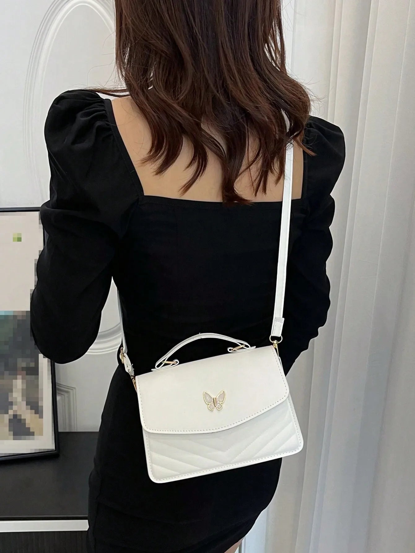White PU Leather Quilted Flap Crossbody Bag with Butterfly Charm