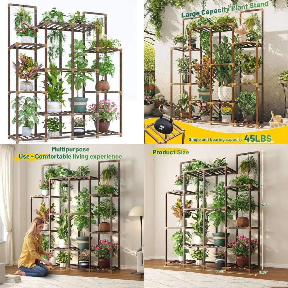 enhomee plant stand indoor tall plant stand outdoor large wood plant shelf indoor for 14 pots plants,4-tier