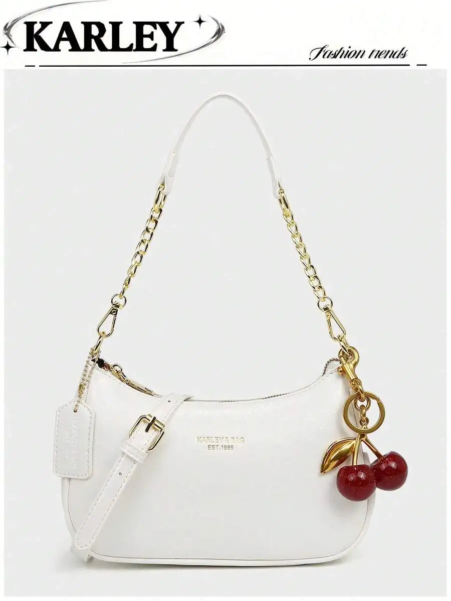 2025 New Fashion Crescent PU Leather Shoulder Bag with Cherry Charm, Crossbody or Underarm Wear