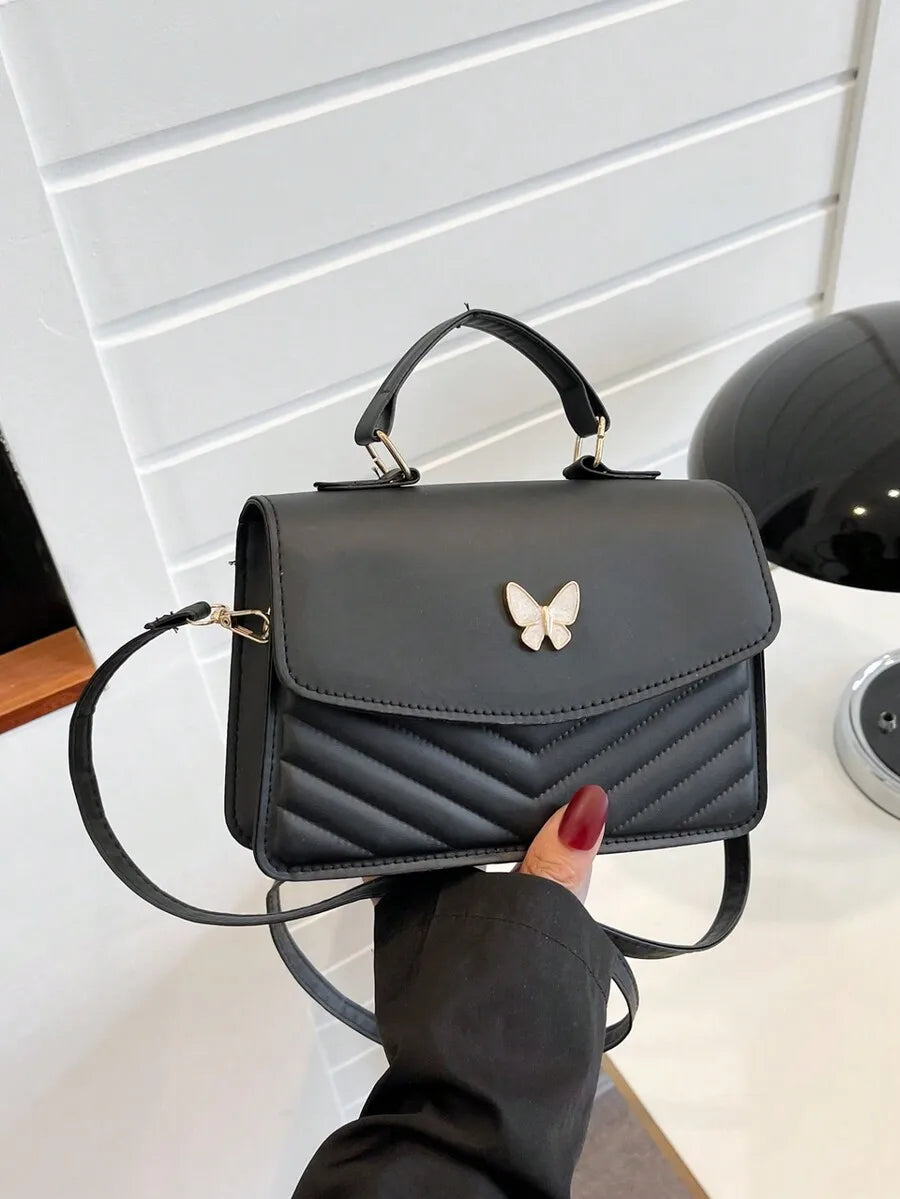 White PU Leather Quilted Flap Crossbody Bag with Butterfly Charm