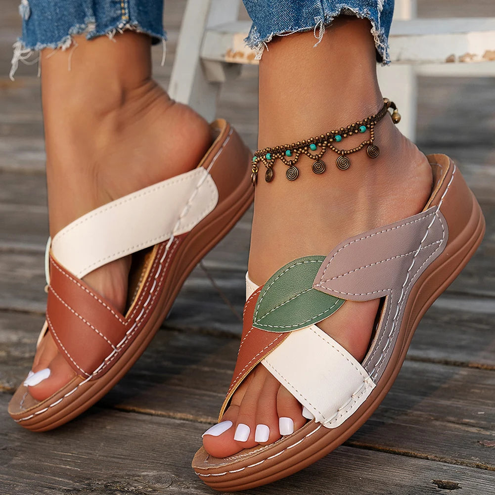Women Summer Sandals Non Slip Wedge Slides Breathable Slip On Footwear Platform Cross Strap Slippers for Outdoor Travel
