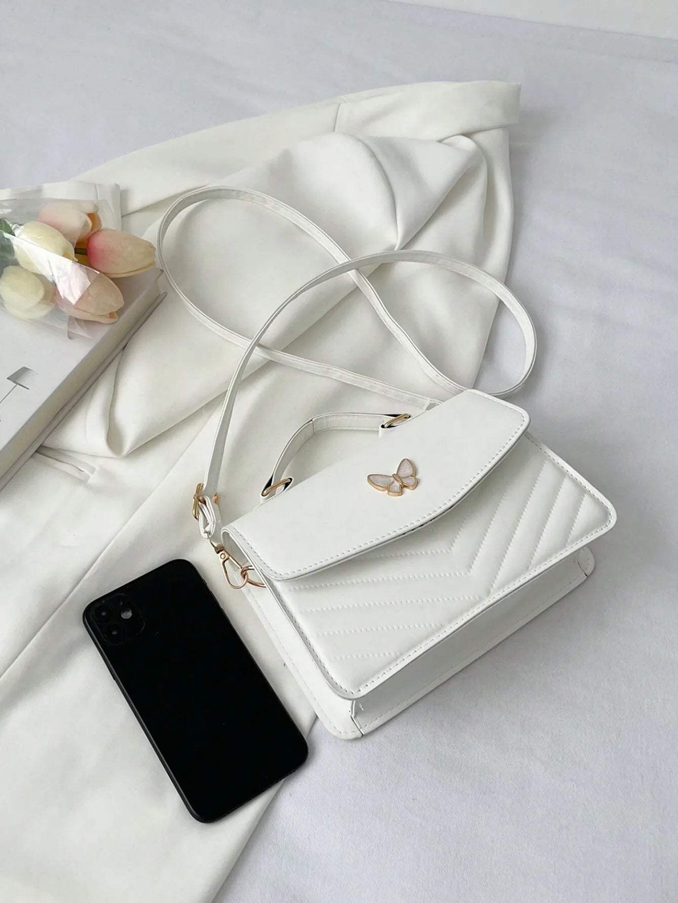 White PU Leather Quilted Flap Crossbody Bag with Butterfly Charm