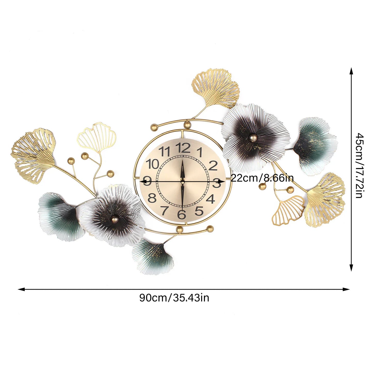 NEW 90*45cm Large Wall Clock Ginkgo Leaf Metal Wall Watch Living Room Home Decor
