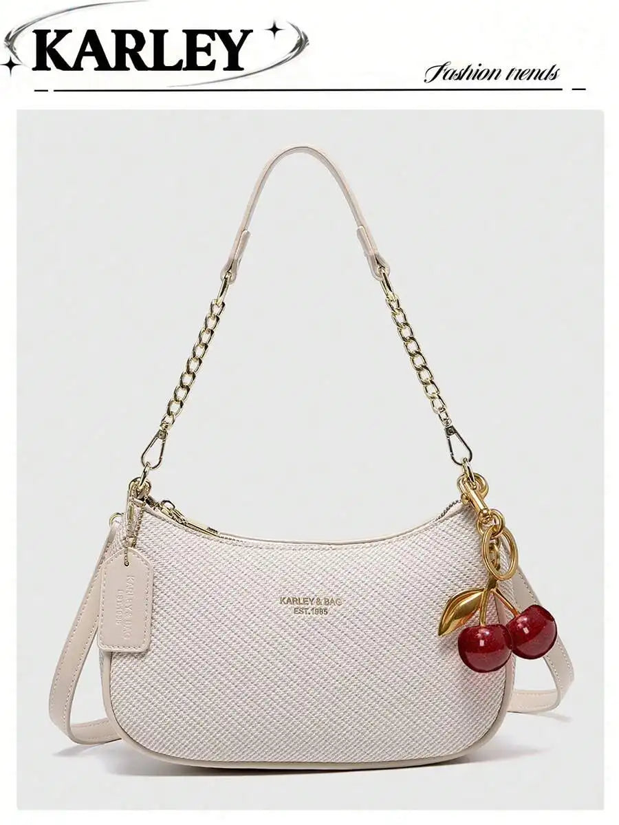 2025 New Fashion Crescent PU Leather Shoulder Bag with Cherry Charm, Crossbody or Underarm Wear