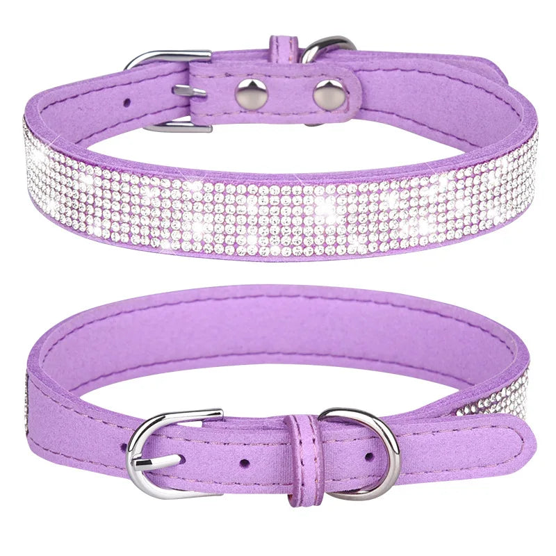 Adjustable collar shiny rhinestone dog collar small and medium-sized dog chain dog walking rope microfiber cat collar