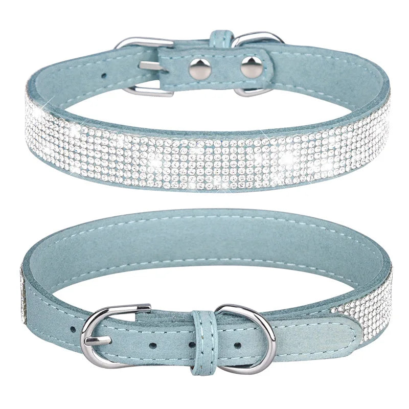 Adjustable collar shiny rhinestone dog collar small and medium-sized dog chain dog walking rope microfiber cat collar