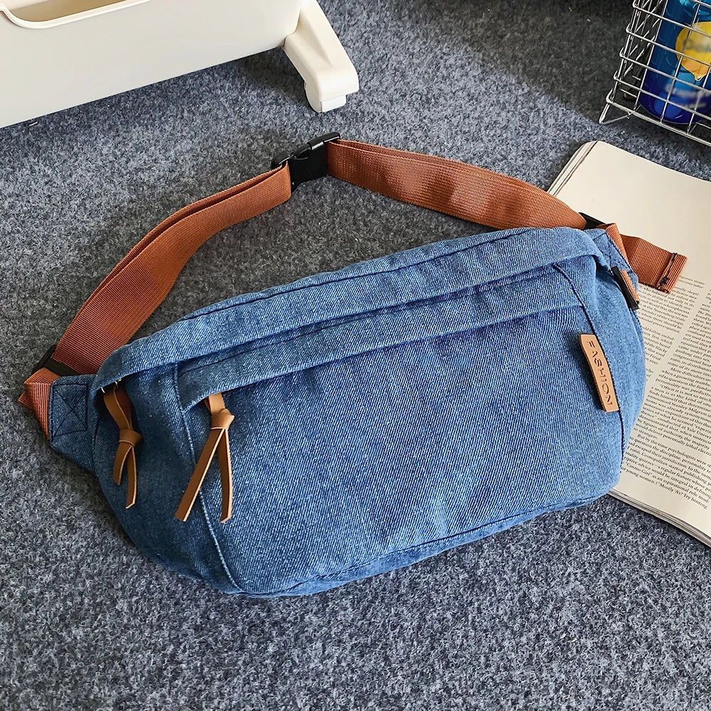 Denim Messenger Chest Bag Harajuku Men Women Casual Chest Bags Adjustable Shoulder Straps Solid Color Fashion Female Waist Bag