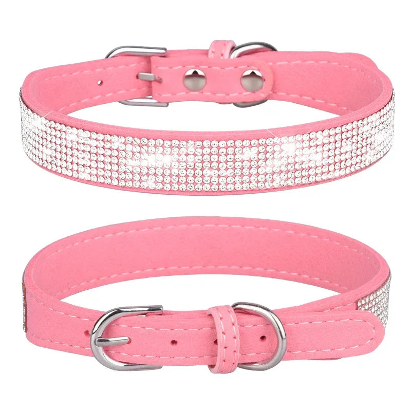Adjustable collar shiny rhinestone dog collar small and medium-sized dog chain dog walking rope microfiber cat collar