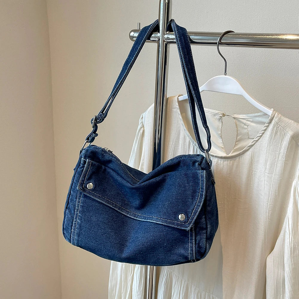 Denim Tote Bag Casual Retro Women Aesthetic Crossbody Bag Handbag Lightweight Jean Purses with Adjustable Strap Travel Shopper