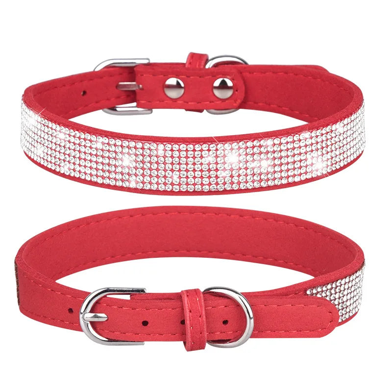 Adjustable collar shiny rhinestone dog collar small and medium-sized dog chain dog walking rope microfiber cat collar