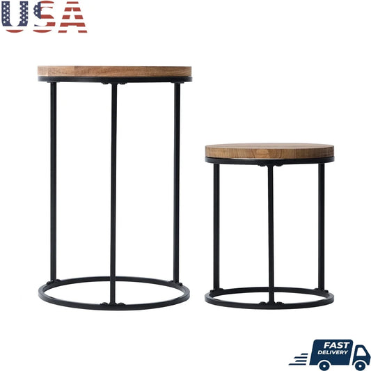 Acacia Wood Top Plant Stand 2 Pack Durable Iron Display Holder Indoor Outdoor Use Easy Assembly Weather Resistant Planter Stand