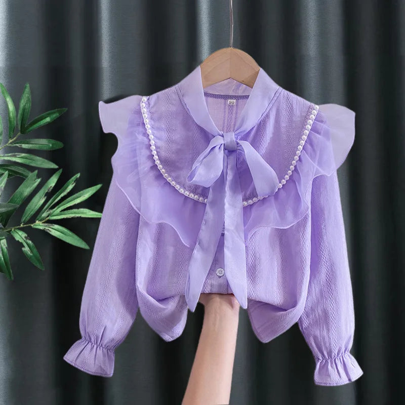2025 Spring and Autumn New Girls' Bottom Shirt Children's Top Bow and Lotus Leaf Edge Shirt Blouse for Girls