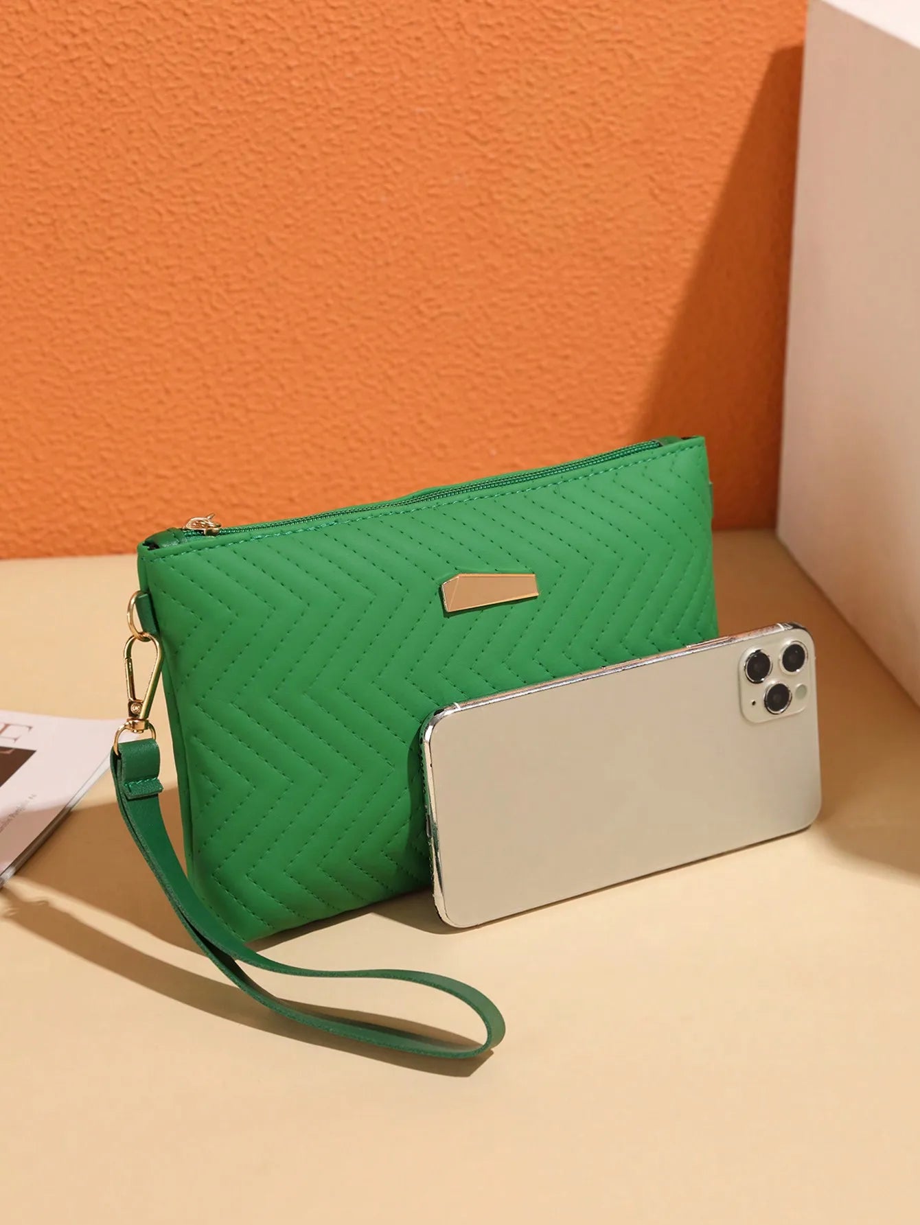 Green Quilted Chevron Mini Crossbody Bag with Gold Chain Strap